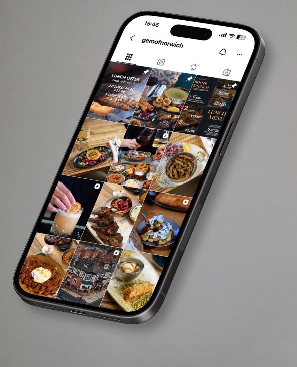 Instagram grid on a phone, managed by Pia Media