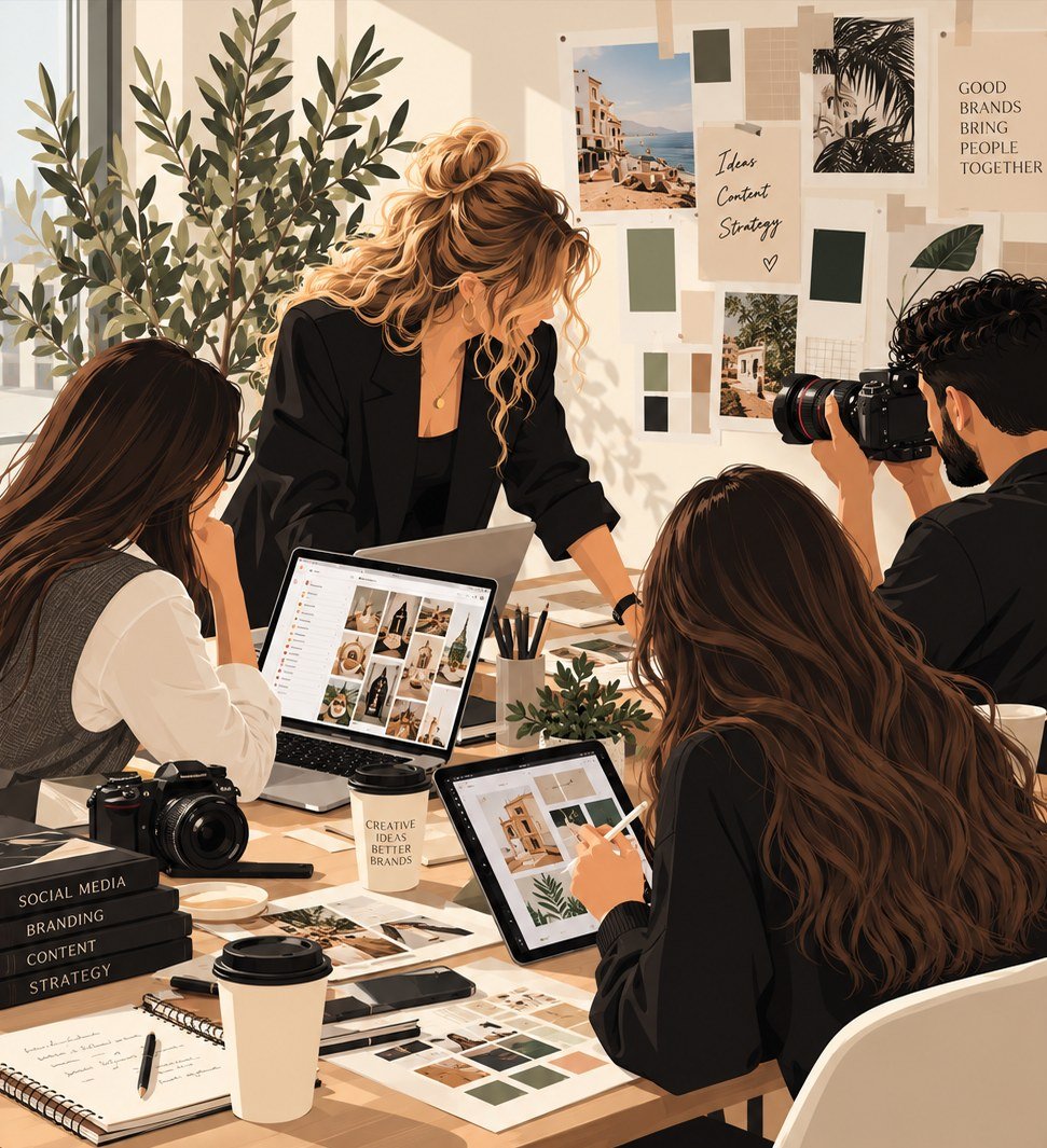 Illustration of the Pia Media team planning content, branding and a photo shoot around a studio table